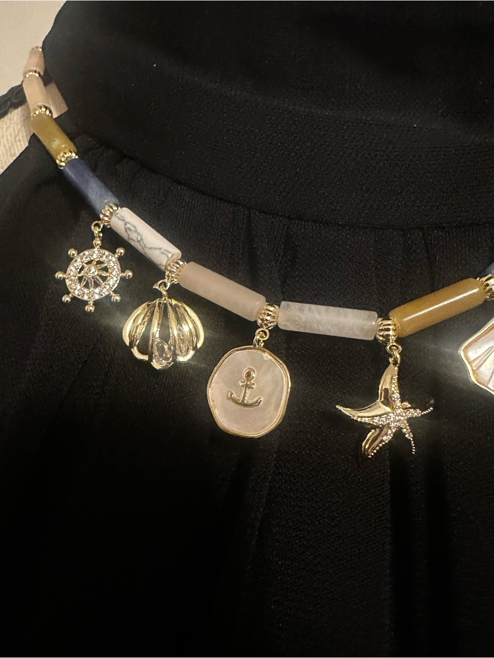 Eye Candy Los Angeles Gold Sea Charm Necklace with Blue, Gray and Tan Beads - Picture 3 of 7